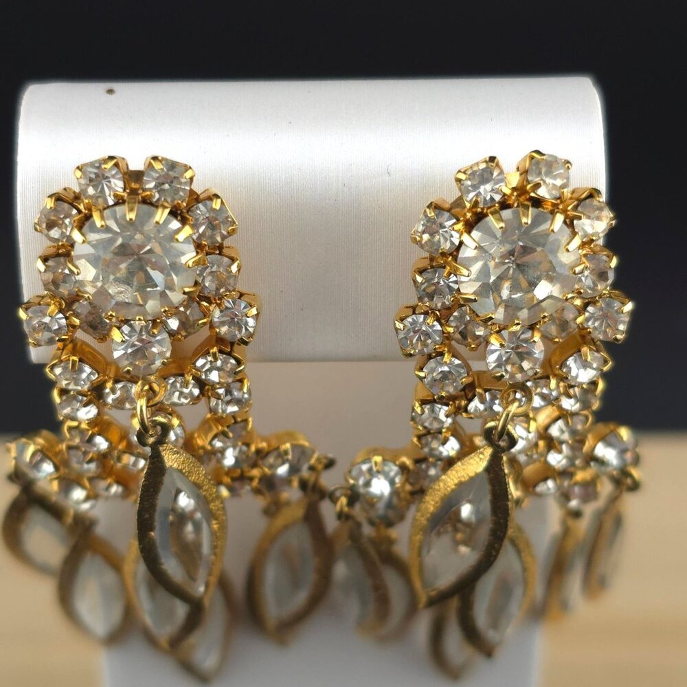 Runway Chandelier Gold-Tone Clip-On Earrings Clear Crystals & Dangle Leaf Charms - Picture 2 of 7